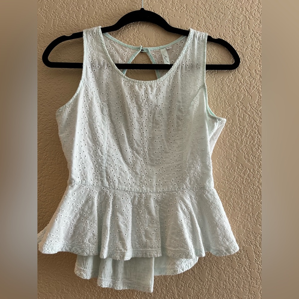White & Teal Eyelet Lace HighLow Peplum Top Size L